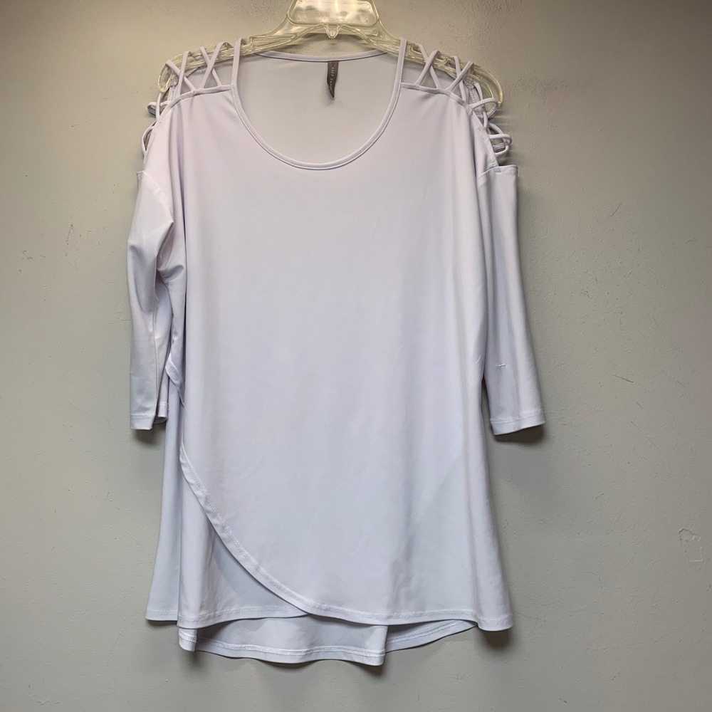 Last Tango Tunic Top Womens Small White Excellent Cold Shoulder Tulip Hem 1191